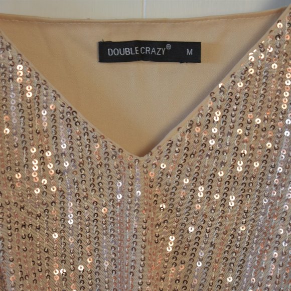 Double Crazy Sequin Cami Romper v neck rose gold apricot sparkle sexy size M - Picture 3 of 5